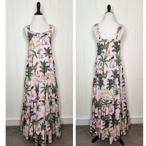Beau & Ro Pink Jungle Print Sara Tiered Maxi Dress Women's Size XS Cotton
